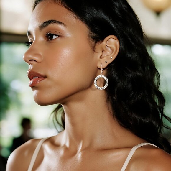 Silver Drop Handmade Hammered Circle Round Dangle Minimalist Earring for Women - Picture 2 of 7